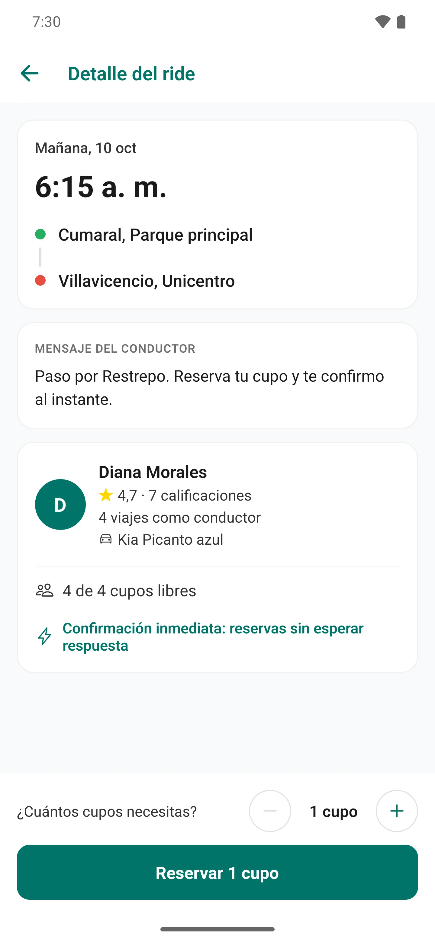 Detalle de un ride con confirmación inmediata y el botón Reservar cupo