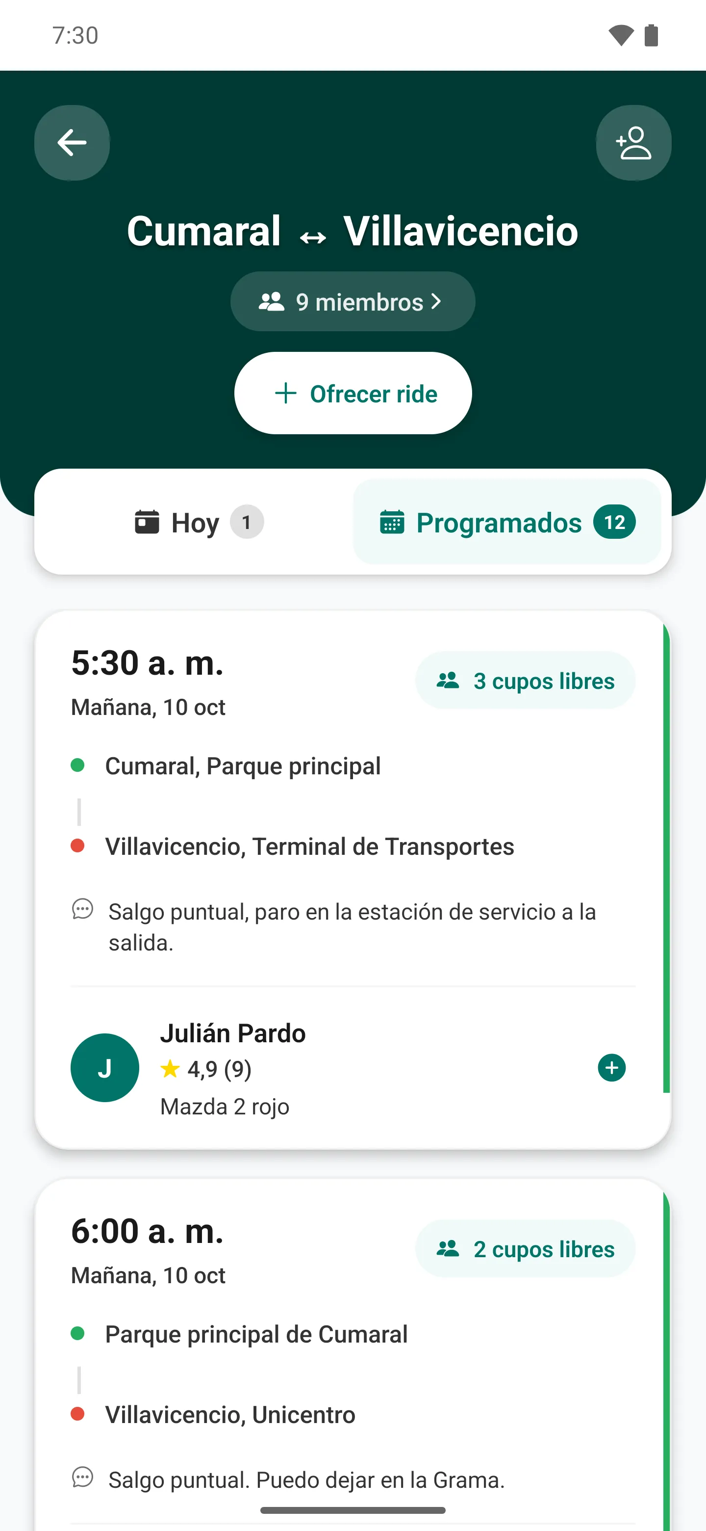 Los rides programados de la ruta Cumaral ↔ Villavicencio, con la hora, los cupos libres y el conductor